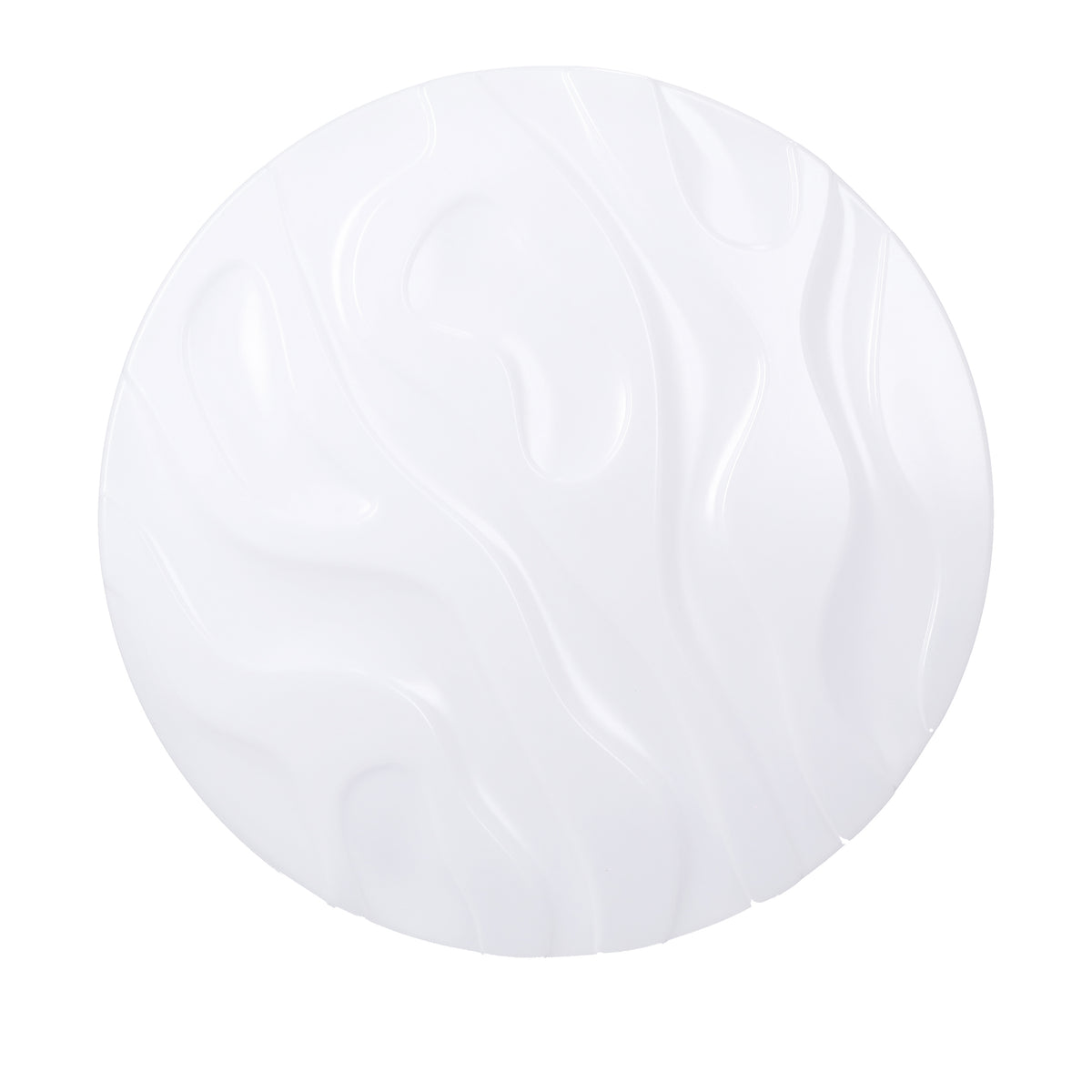 Vue de face du diffuseur rond blanc avec lignes sinueuses et motif végétal abstrait.