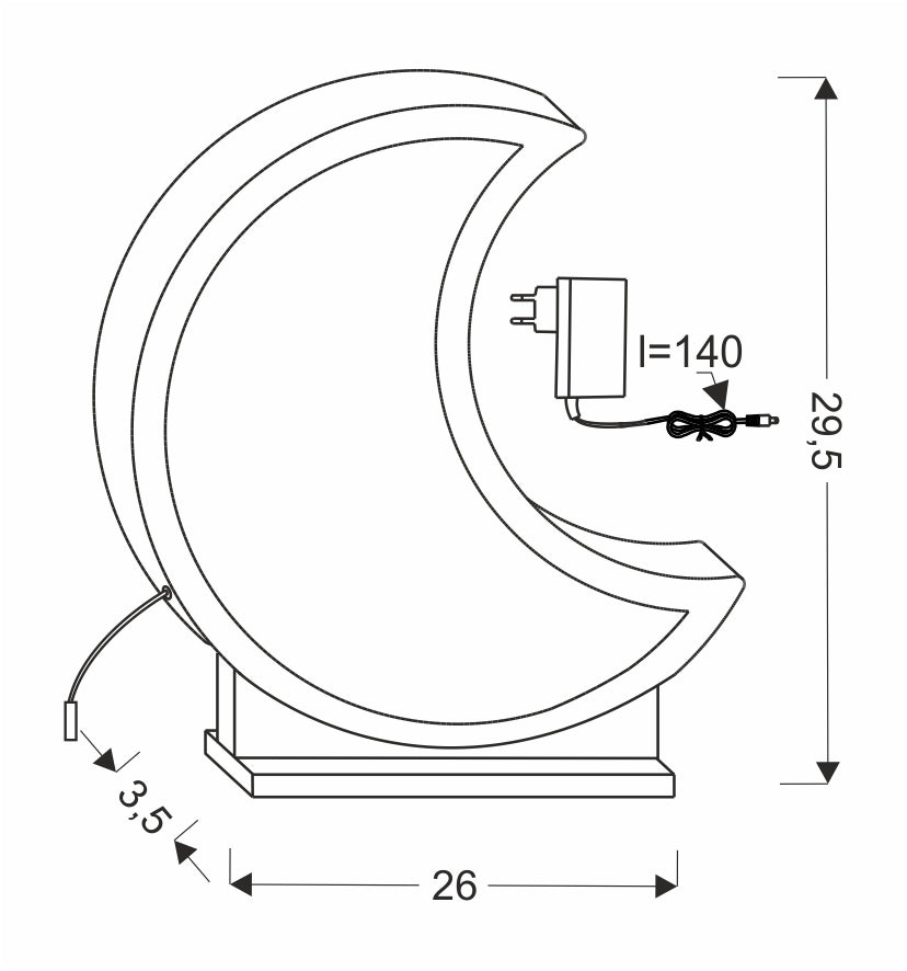 Schéma de dimensions de la lampe lune grise avec cordon et fiche