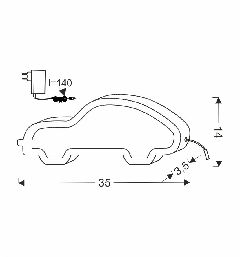 Schéma technique de la lampe voiture avec dimensions, cotes et bloc d'alimentation.