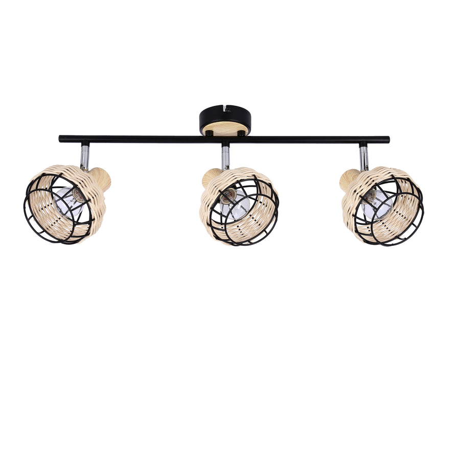 Troisième cliché frontal du luminaire, soulignant la régularité des cages métalliques et du cannage clair.
