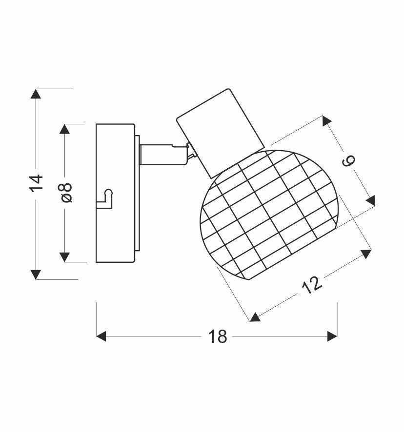 Schéma coté du luminaire indiquant les dimensions en centimètres : hauteur, largeur et diamètre.