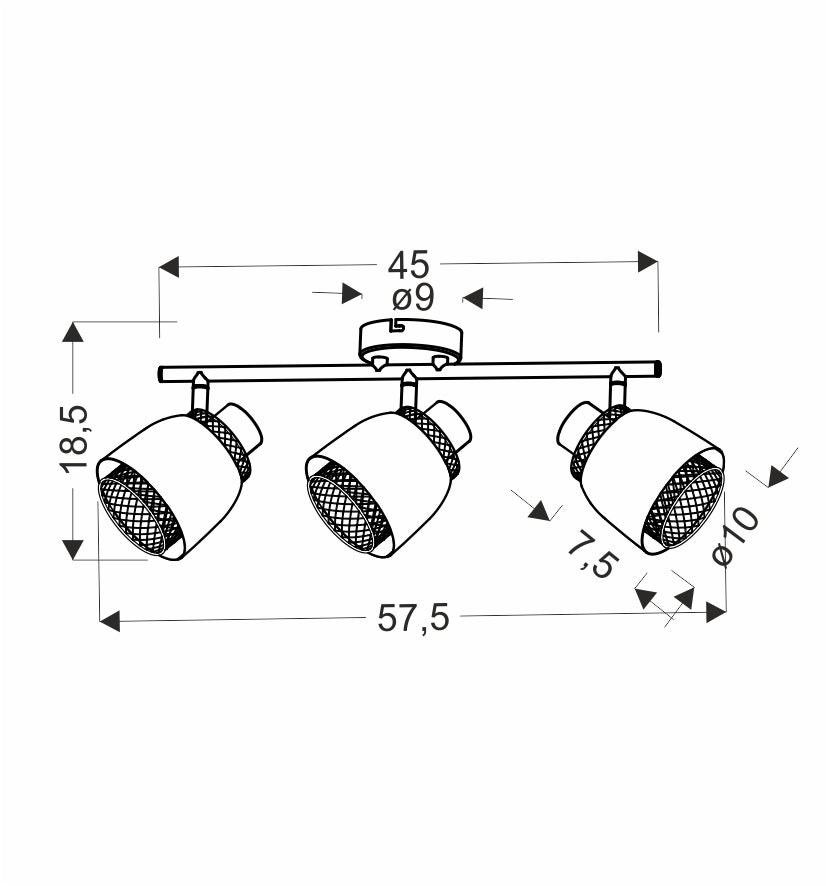 Schéma de dimensions coté du luminaire avec largeur et diamètres indiqués