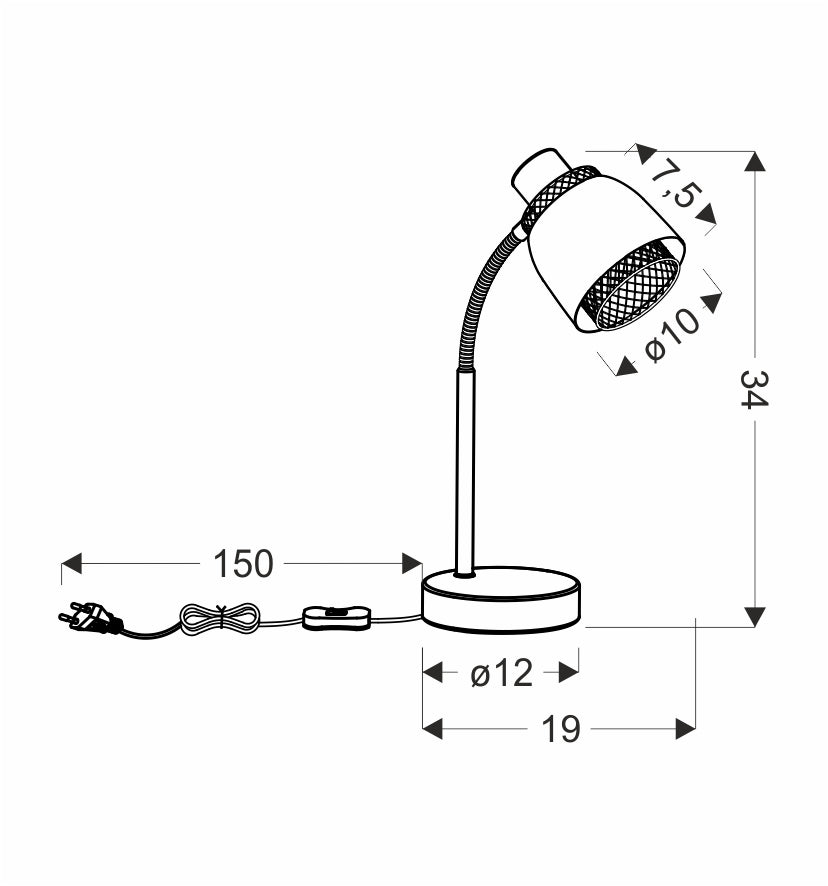 Schéma coté de la lampe avec hauteur et longueur de câble indiquées
