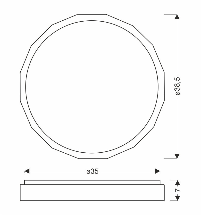 Schéma technique coté du plafonnier avec diamètre 38,5 cm et hauteur 7 cm.
