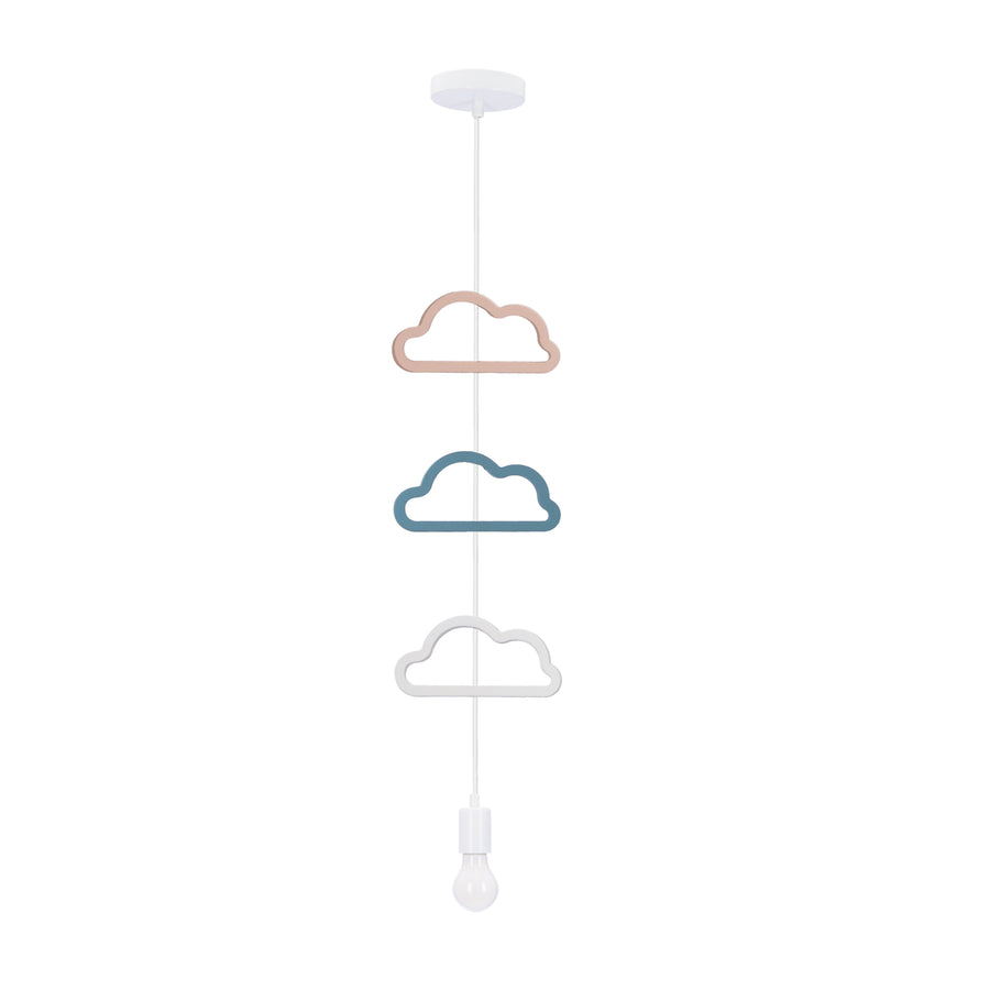 Suspension blanche vue de face avec trois nuages empilés et ampoule apparente