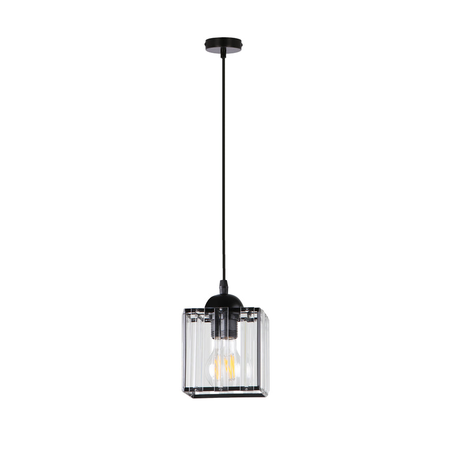 Vue de face du luminaire suspendu noir avec abat-jour carré en verre strié