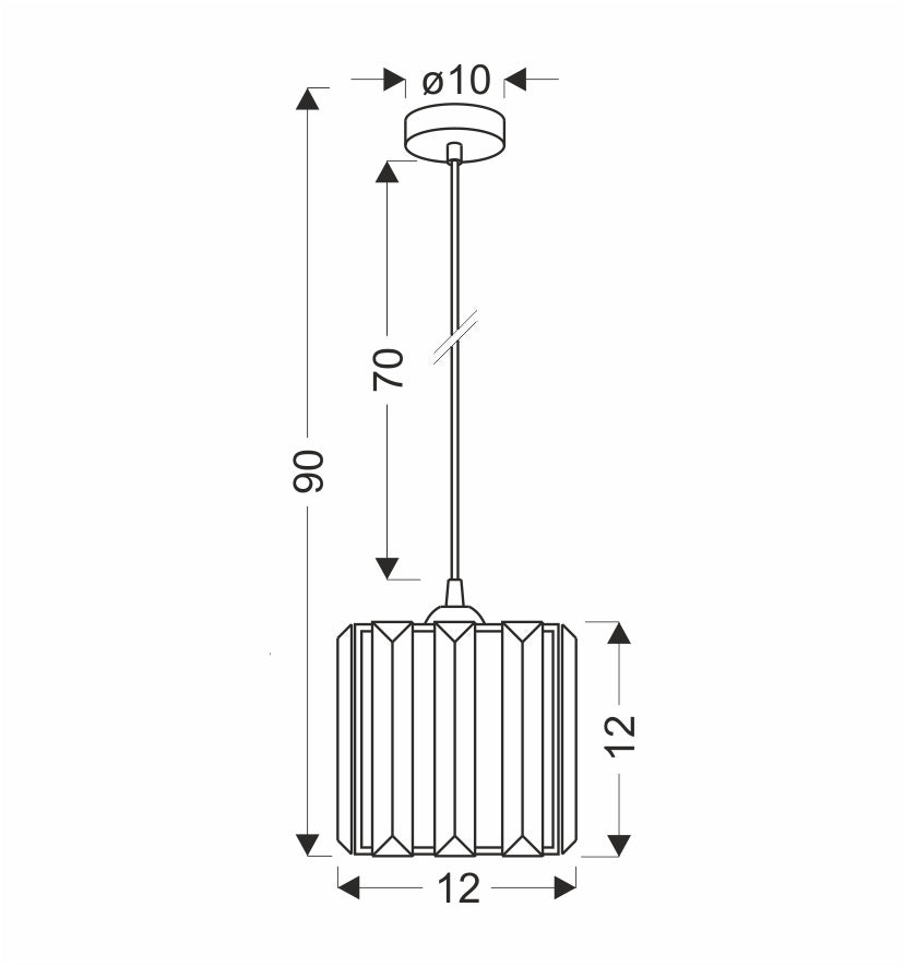 Schéma technique coté du luminaire avec hauteur totale et dimensions de l'abat-jour