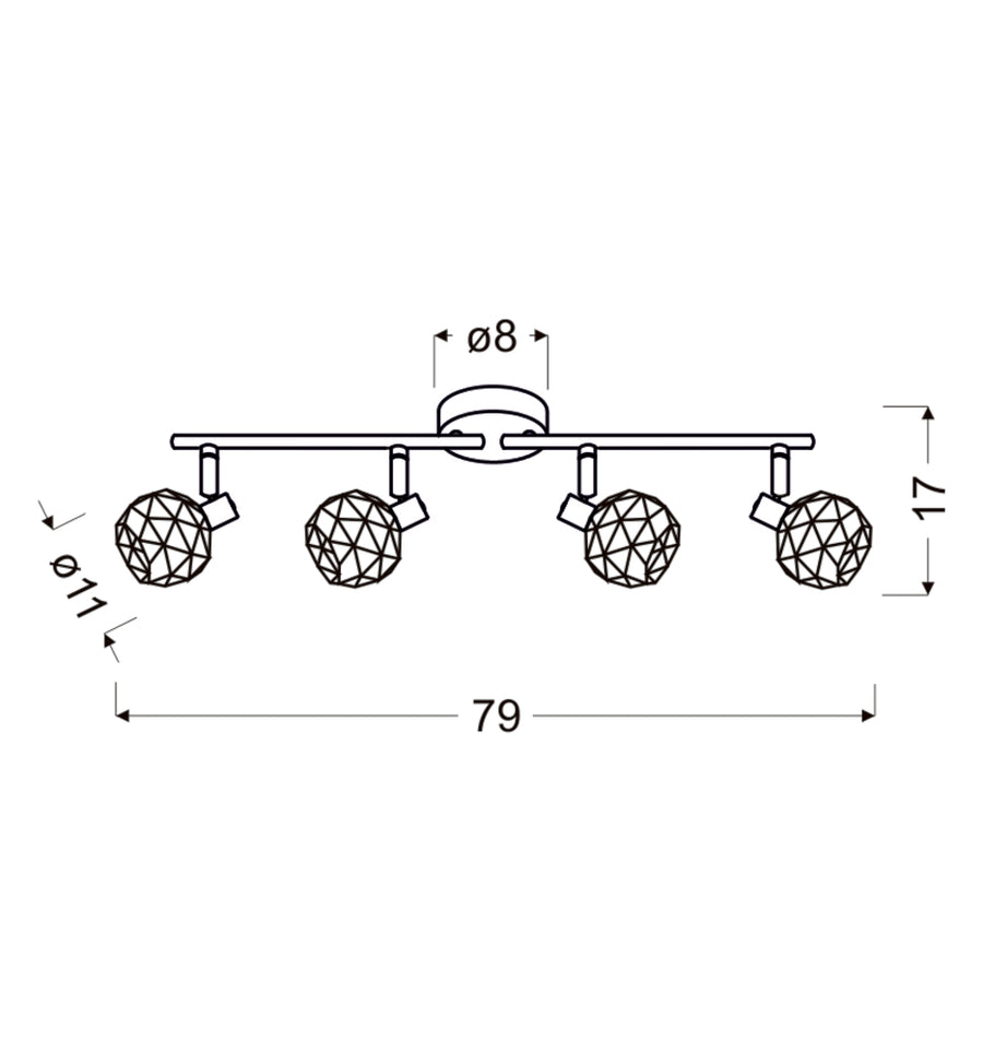 Schéma coté du luminaire : largeur 79 cm, hauteur 17 cm, diamètre 11 cm.