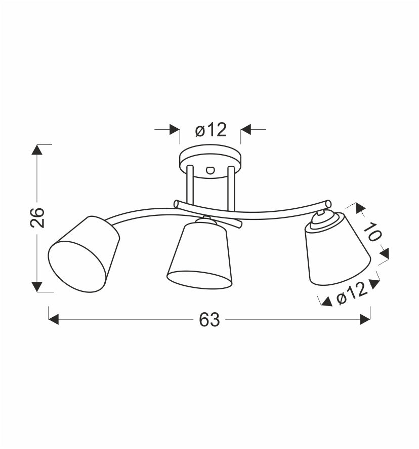 Schéma de dimensions cotées, largeur 63 cm, hauteur 26 cm, abat-jour 12 cm