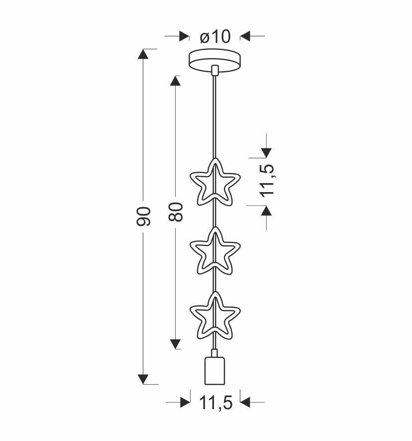 Schéma technique coté du luminaire, rosace Ø 10 cm, hauteur 90 cm, largeur étoile 11,5 cm.