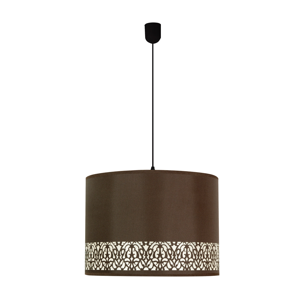 Suspension cylindrique en tissu marron avec frise ajourée contrastante, vue de face.