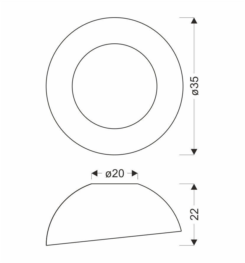 Schéma de dimensions cotées du plafonnier, diamètre trente-cinq et hauteur vingt-deux