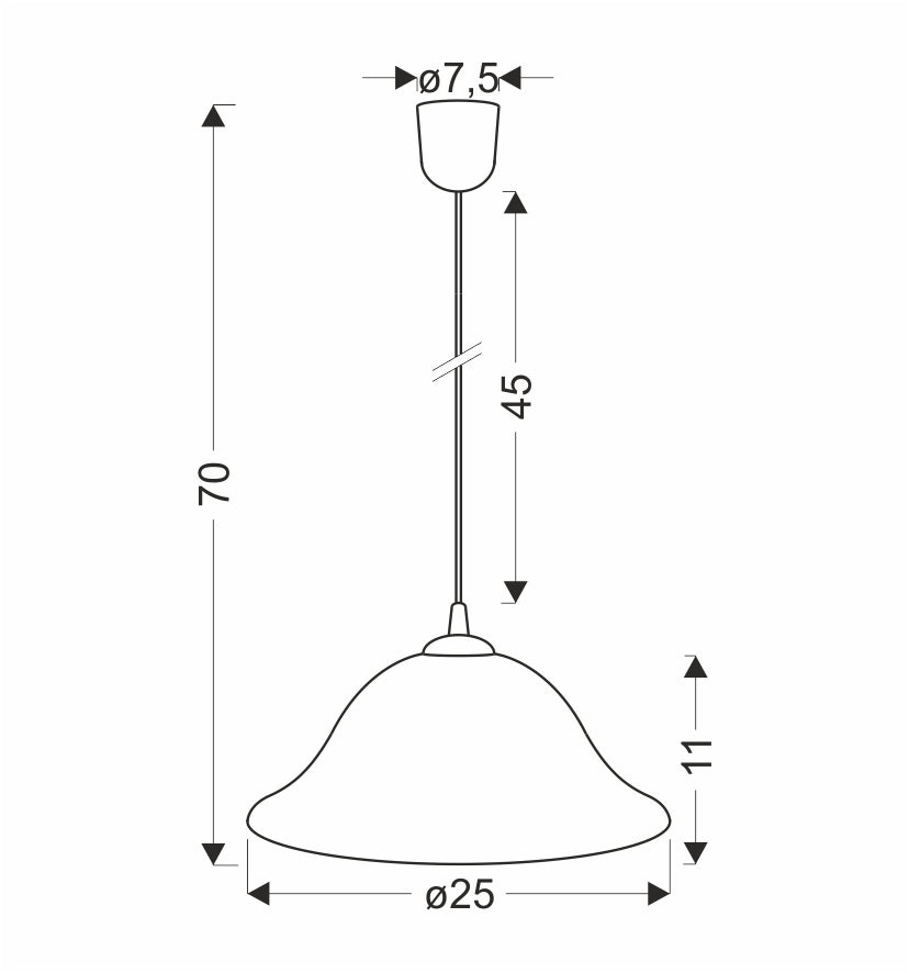 Schéma coté du luminaire : hauteur totale 70 cm et diamètre 25 cm