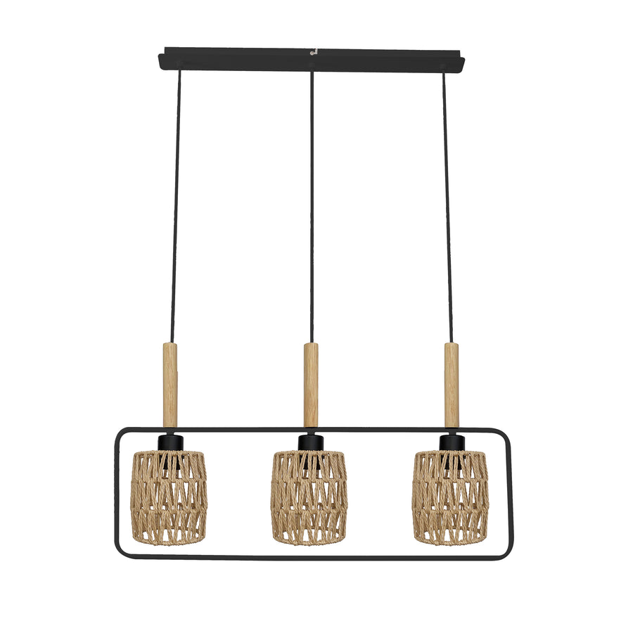 Suspension trois lumières sur fond blanc, cadre noir rectangulaire et abat-jours cylindriques en rotin tressé
