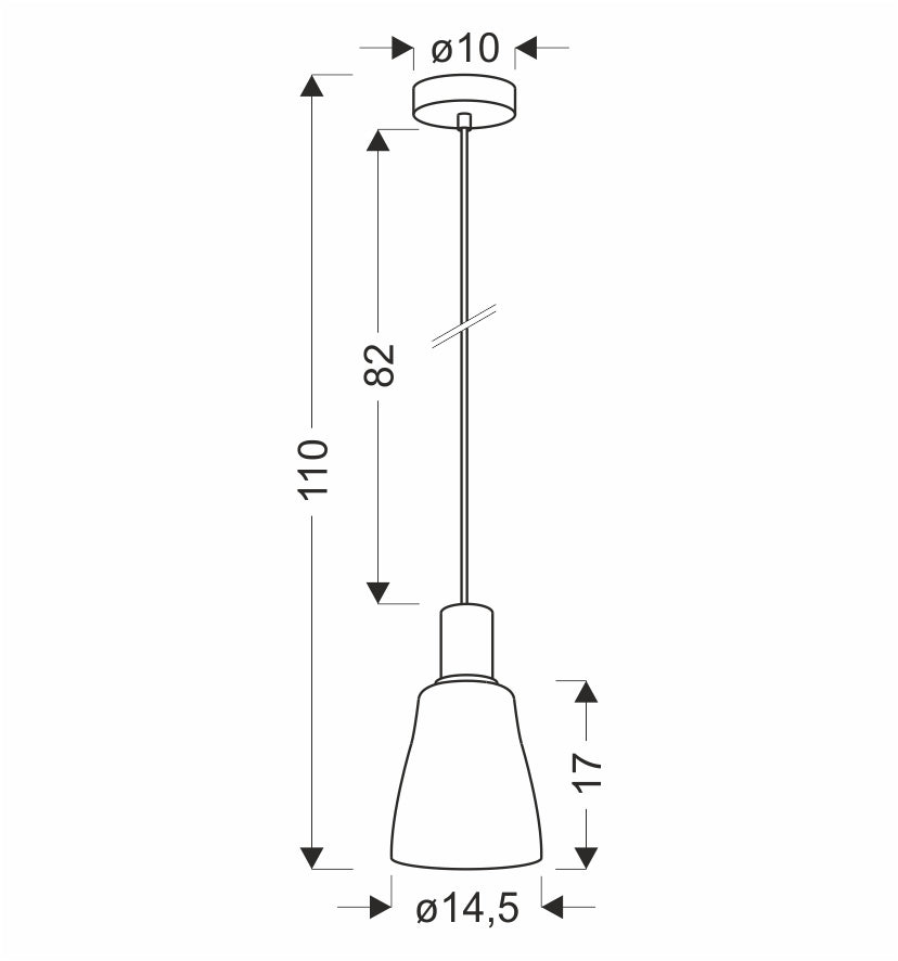 Schéma de dimensions de la suspension : hauteur 110 cm, câble 82 cm, diamètre 14,5 cm.