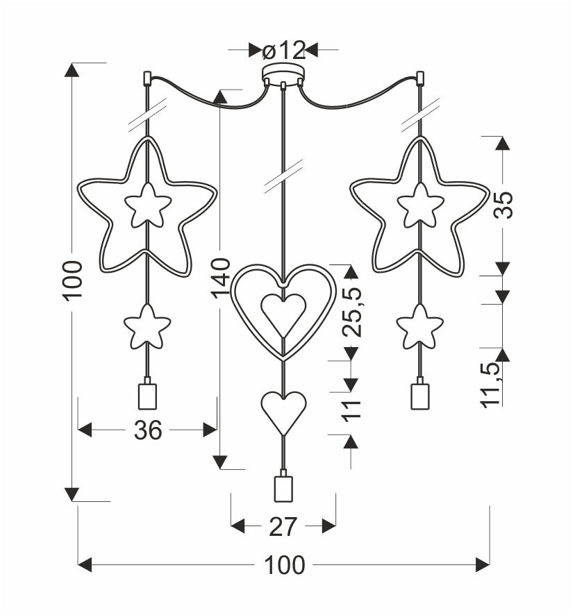 Schéma coté : hauteur 100 cm, largeur 36 cm, rosace Ø 12 cm, hauteurs 140 et 25,5