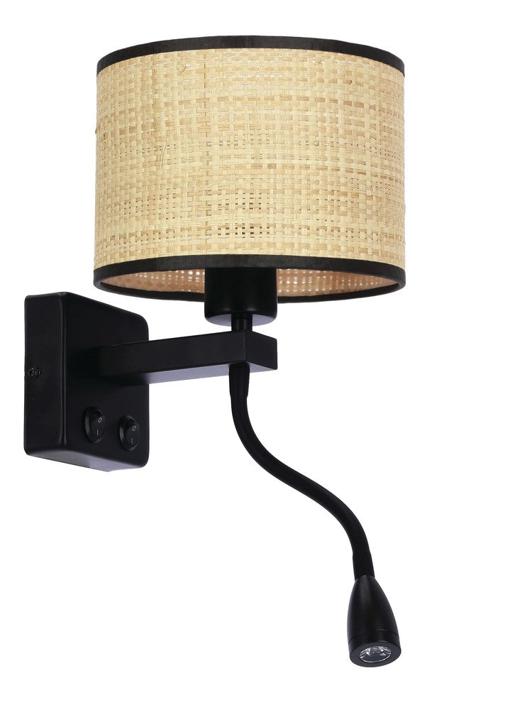 Applique murale noire, abat-jour cylindrique en cannage beige et bras de lecture flexible