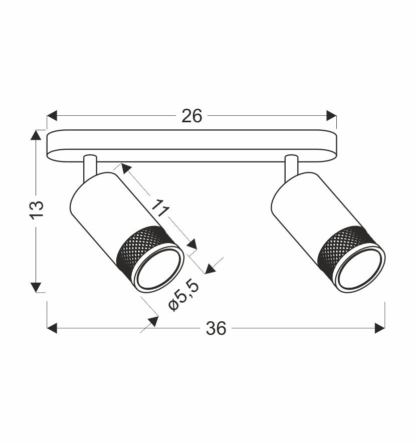 Schéma de dimensions du plafonnier largeur 36 cm base 26 cm hauteur 13 cm.