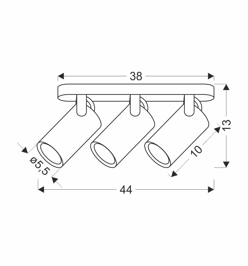 Schéma coté du luminaire : platine largeur 38 cm, longueur totale 44 cm, hauteur 13 cm