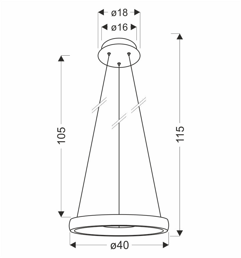 Schéma technique coté du luminaire avec diamètre 40 cm et hauteur réglable