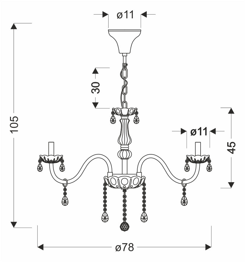 Schéma de dimensions : hauteur totale 105 cm, diamètre 78 cm, chaîne 30 cm