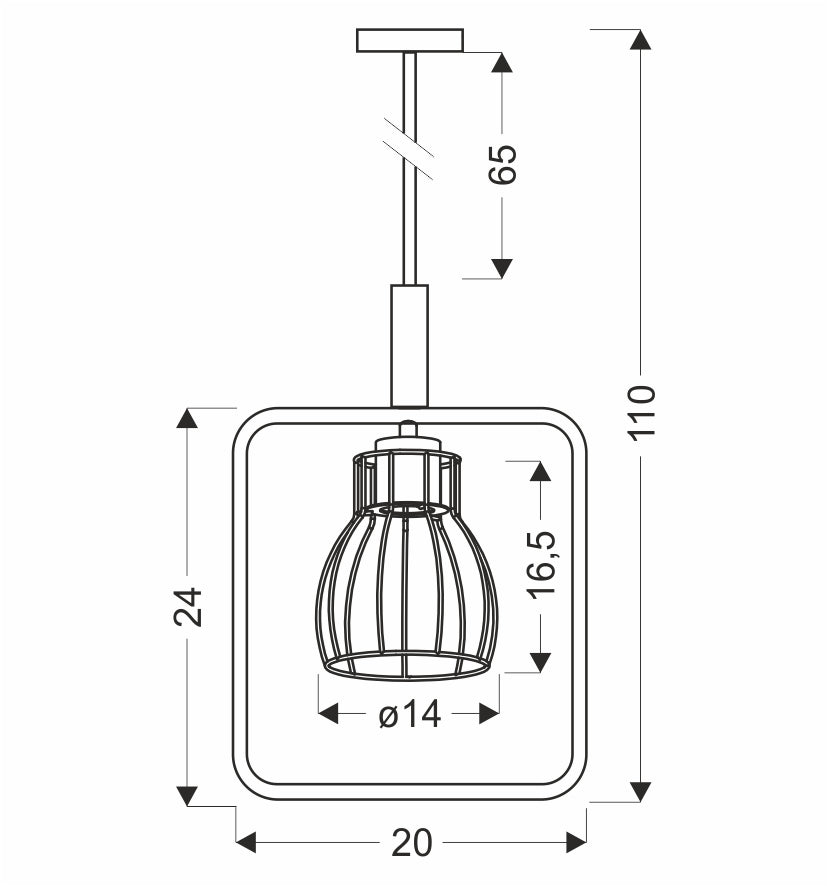 Schéma coté du luminaire vu de face, hauteur et largeur indiquées