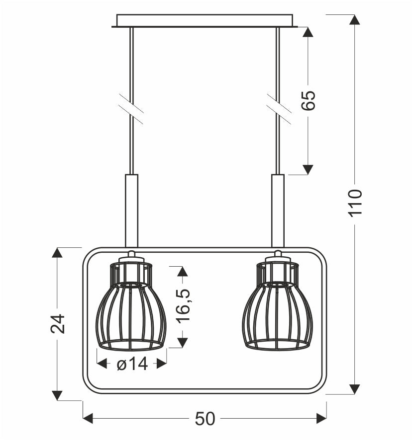 Schéma de dimensions : hauteur 110 cm, largeur 50 cm, abat-jour diamètre 14 cm