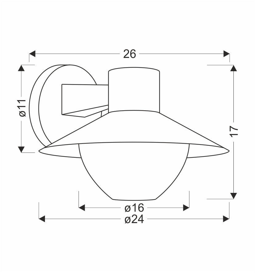 Schéma de dimensions cotées, largeur 26 cm, hauteur 17 cm, diamètre 24 cm