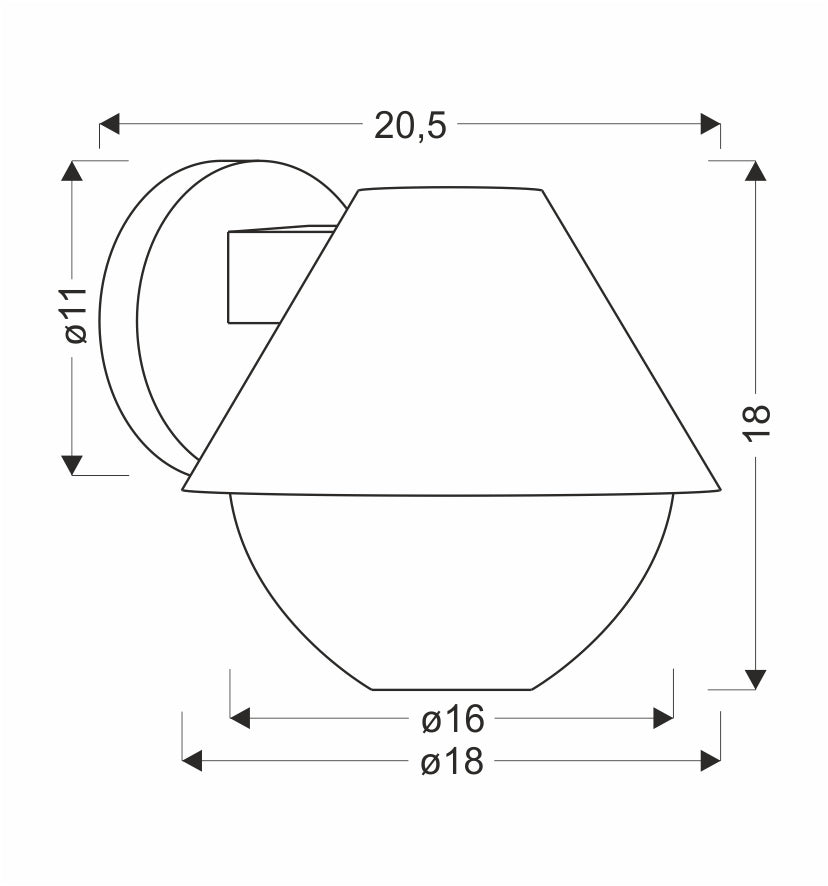 Schéma coté du luminaire indiquant largeur, hauteur et diamètre du diffuseur