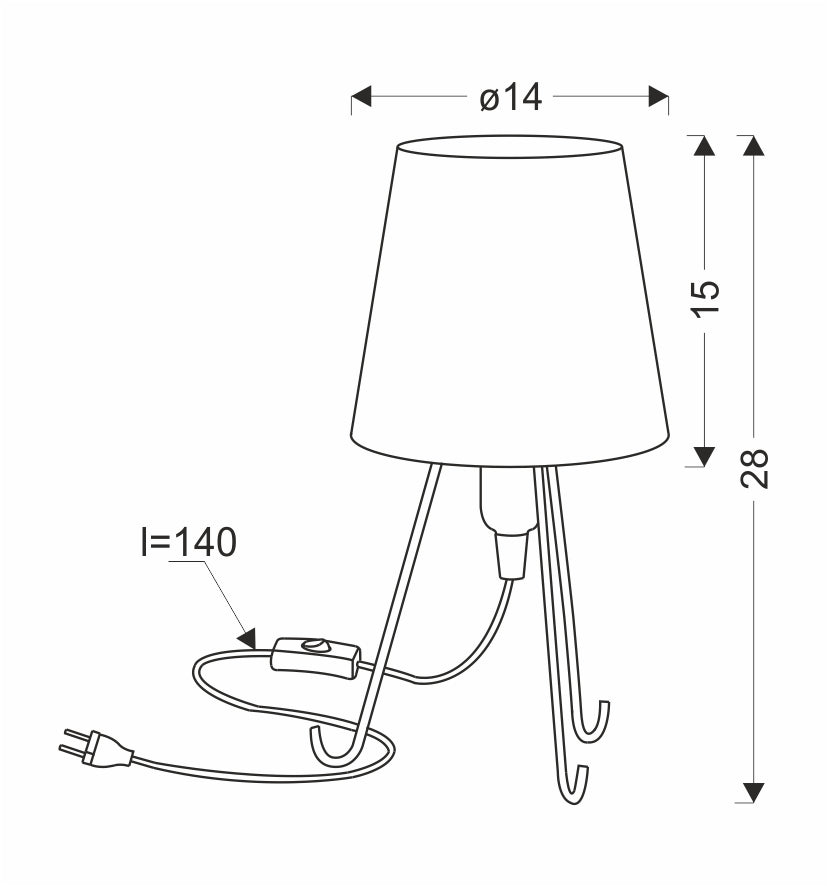 Schéma technique avec dimensions : abat-jour diamètre 14 cm, hauteur totale 28 cm, cordon 140 cm