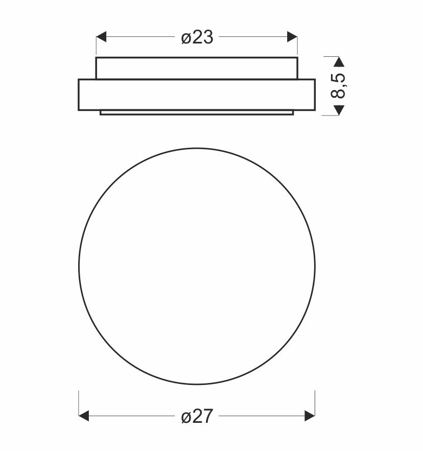 Schéma technique coté : diamètres 23 et 27 cm, hauteur 8,5 cm