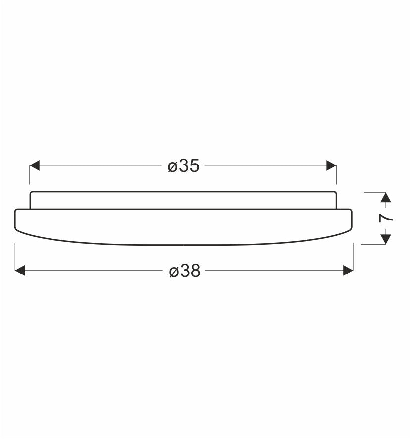 Schéma de dimensions du plafonnier rond avec diamètre 38 cm et hauteur 7 cm.