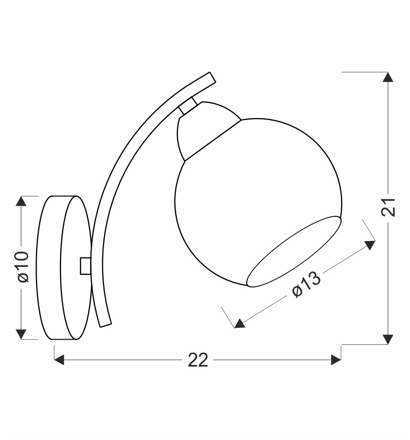Schéma de dimensions : rosace Ø10 cm, saillie 22 cm, hauteur 21 cm, globe Ø13 cm.