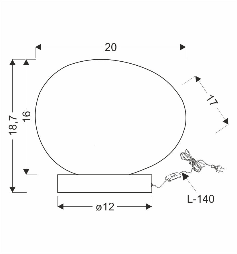 Schéma coté de la lampe avec dimensions, base ronde et câble d'alimentation