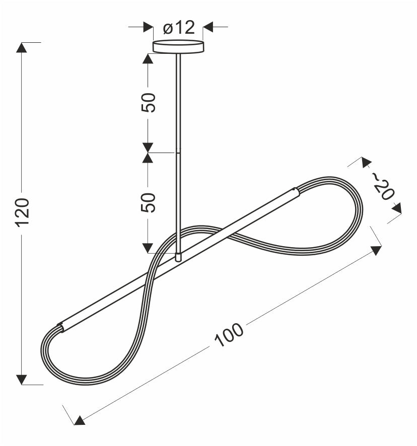 Schéma technique coté de la suspension, rosace Ø12 et longueur 100 cm.
