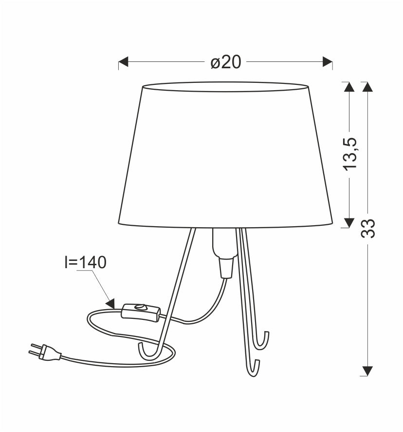 Schéma coté : abat-jour diamètre 20 cm, hauteur totale 33 cm, câble 140 cm
