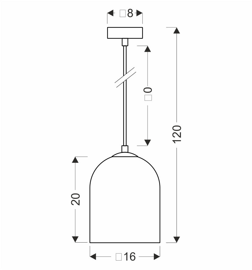 Schéma coté du luminaire : hauteur totale 120, abat-jour 20 sur 16 centimètres.