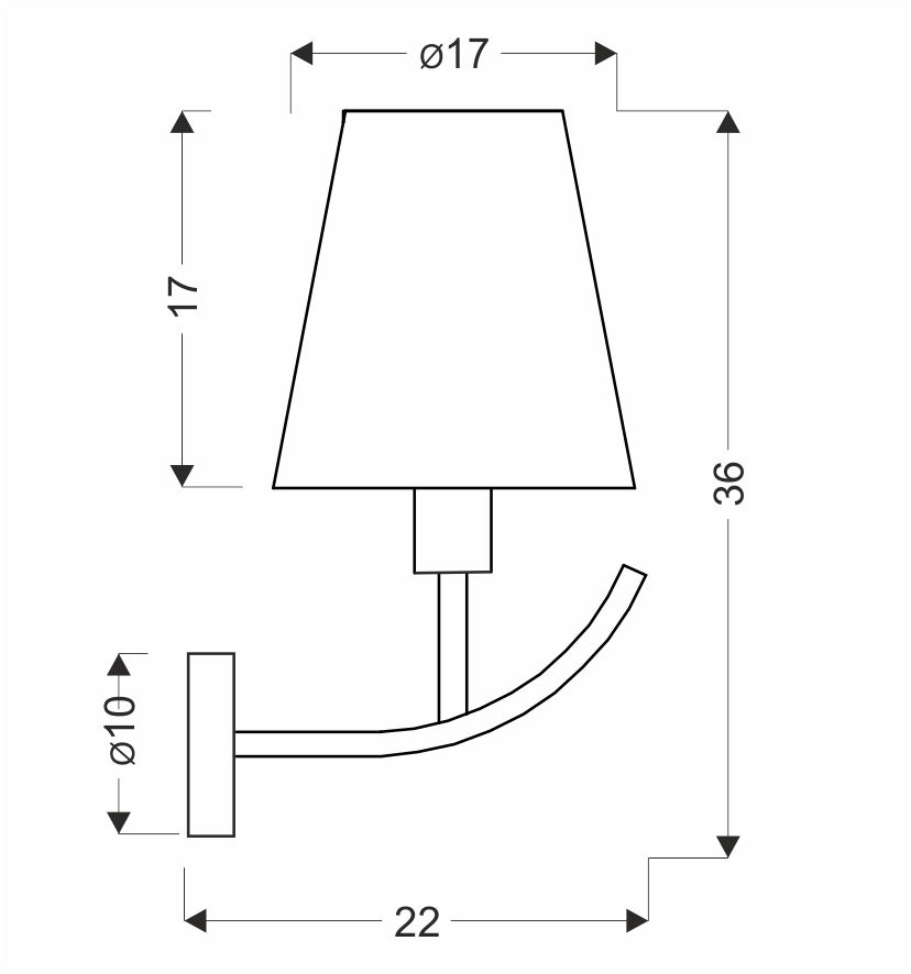 Schéma coté de l'applique : diamètre abat-jour 17 cm, hauteur totale 36 cm, saillie 22 cm
