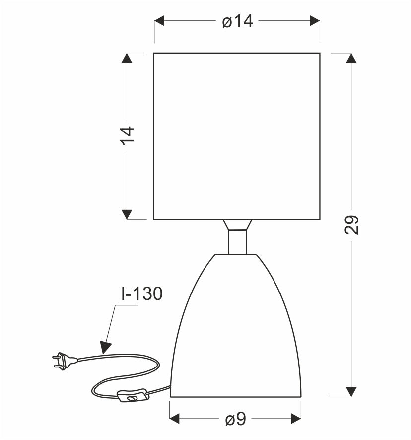 Schéma de dimensions cotées de la lampe, hauteur totale 29 cm et abat-jour diamètre 14 cm
