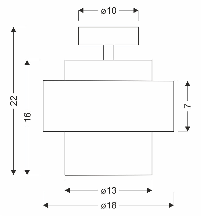 Schéma coté du luminaire avec diamètres 10, 13, 18 cm et hauteurs 16 et 22 cm.