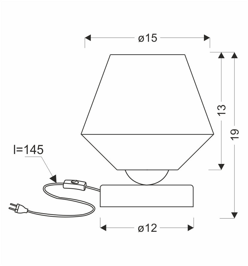 Schéma coté montrant diamètre 15 cm, hauteur 19 cm et longueur de câble