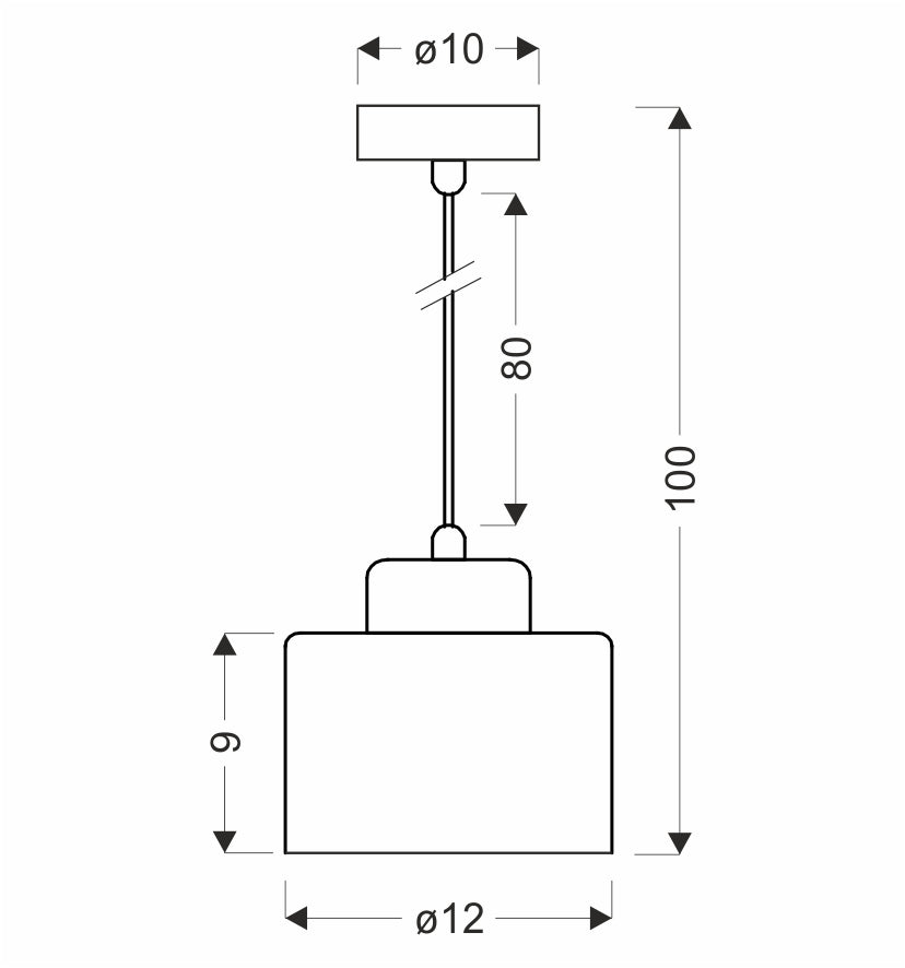 Schéma coté du luminaire avec diamètre, hauteur totale et longueur de câble