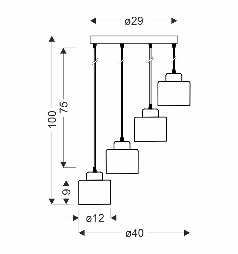 Schéma coté du luminaire : diamètre du support 29 cm, hauteur 100 cm, abat-jour 12 cm.