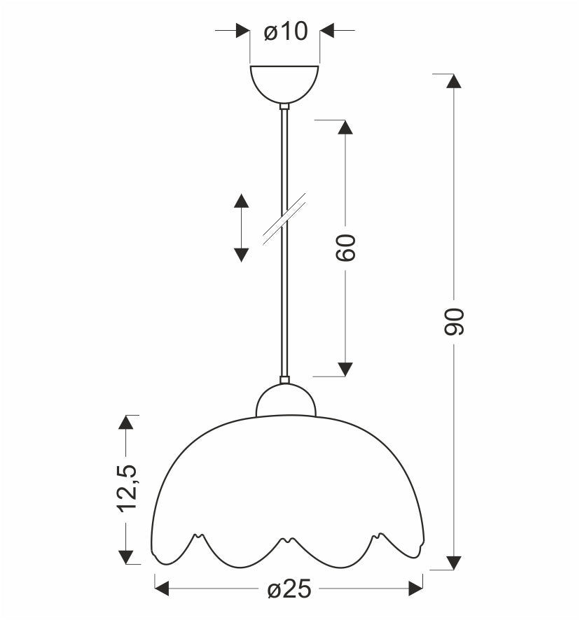 Schéma coté de la suspension : diamètre 25 cm, hauteur 90 cm, abat-jour 12,5 cm