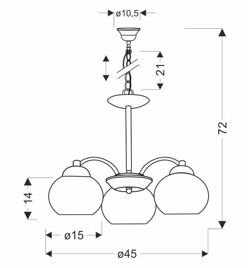 Schéma technique coté avec hauteur totale, diamètre des globes et largeur du luminaire