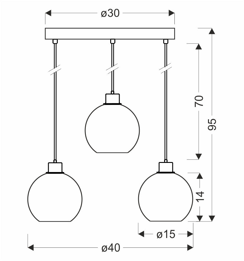 Schéma de dimensions du luminaire : platine Ø30, hauteur 95 cm et globes Ø15.