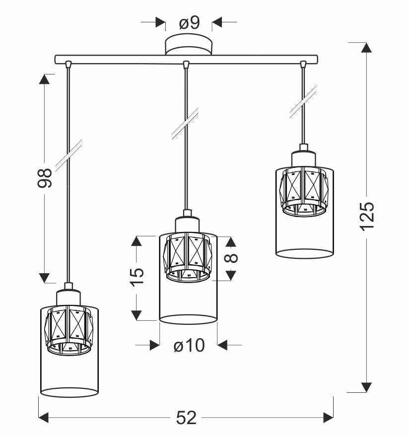 Schéma technique côté de la suspension avec largeur 52 cm et hauteur 125 cm.