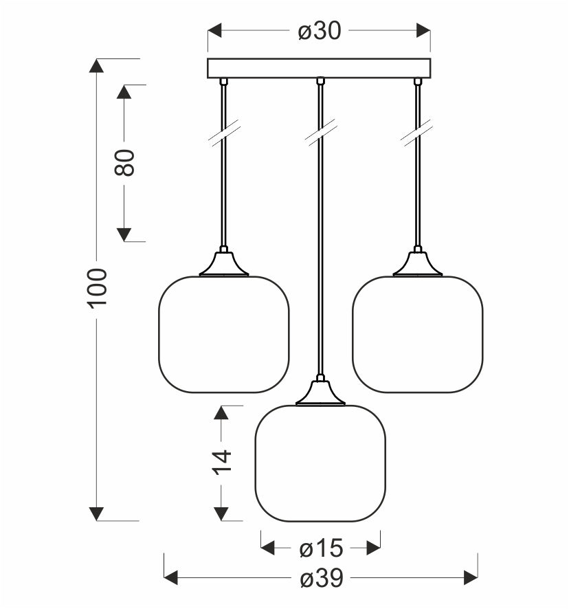 Schéma coté du luminaire avec platine ronde diamètre trente et hauteur cent centimètres