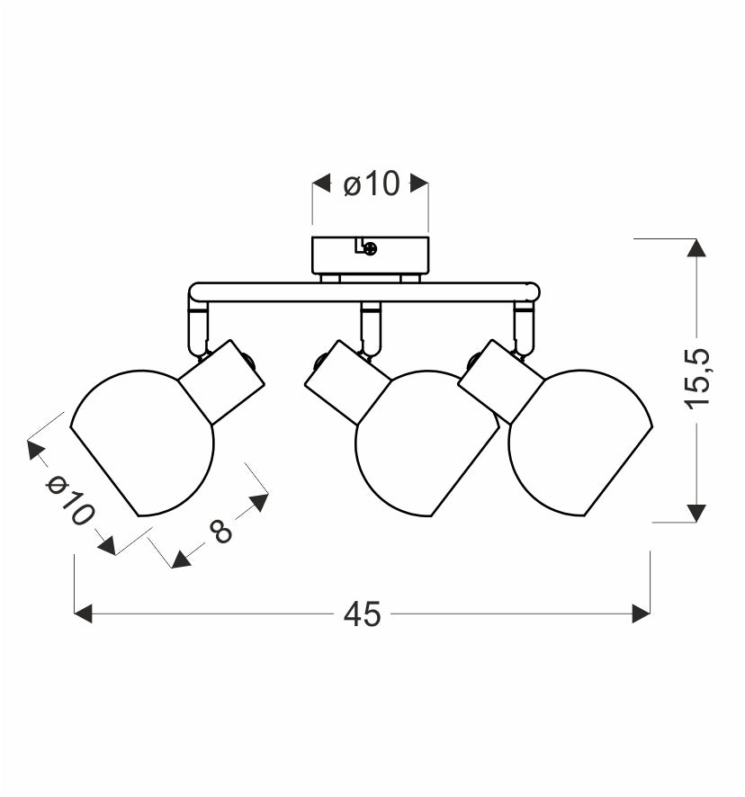 Schéma de dimensions : largeur 45 cm, hauteur 15,5 cm, globes Ø 10 cm