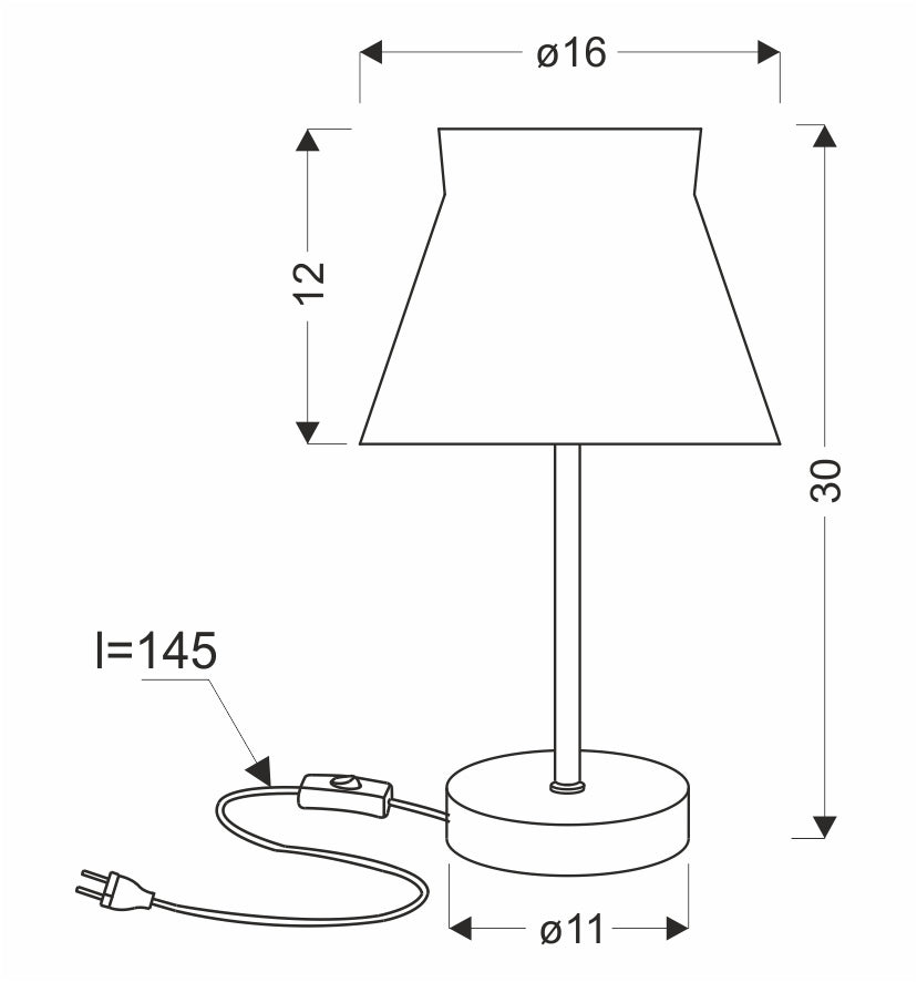 Schéma coté de la lampe : diamètre abat-jour 16, hauteur totale 30, câble